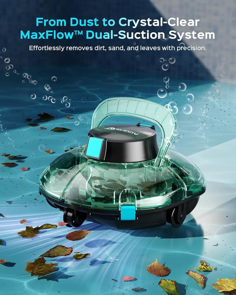 (2026 Upgrade) Cordless Robotic Pool Cleaner, Lasts 80 Min, Automatic Vacuum for Above-Ground Pools up to 650 Sq.ft, Portable, Self-Parking, Transparent Green