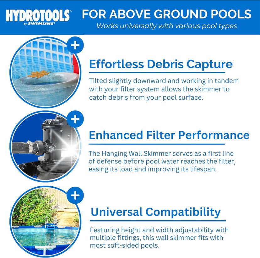 SWIMLINE HYDROTOOLS Wall Mounted Hanging Above Ground Pool Surface Skimmer Kit | Cleans Automatically, Attach To Inflatable Collars, Tubular & Metal Frame Pools | Maintenance Cleaner Floating Debris