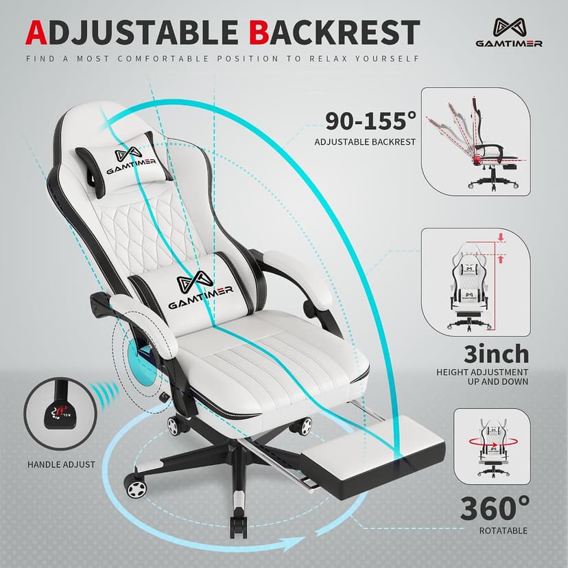 Gamtimer Gaming Chair with Footrest, Ergonomic Computer Chair, PU Breathable Material with Headrest and Lumbar Support, Suitable for Silla Gamer and Adults (White)