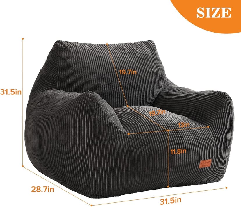 Big Bean Bag Chair for Adults, Ultra Soft Living Room Bean Bag with Armrests, Stuffed BeanBag Chair for Napping, Gaming, Vacuum-Compressed for Easy Gifting, 48 Hours to Fluffs Up, Dark Gray