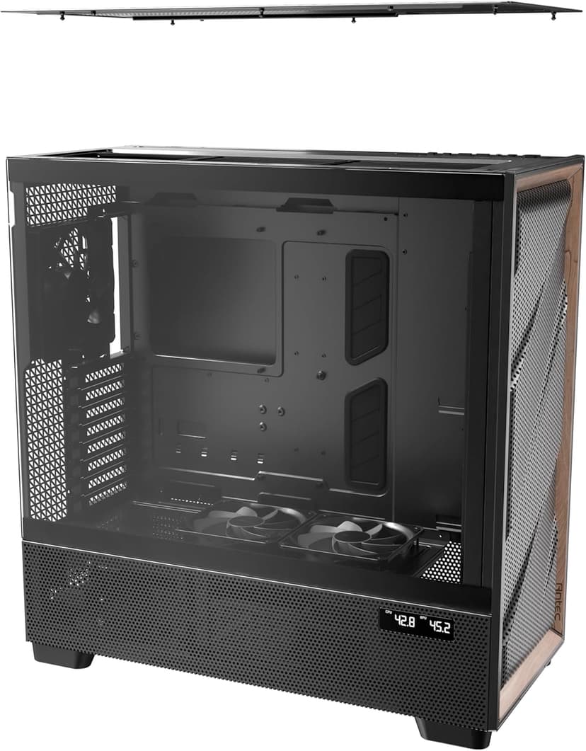 Antec Flux Pro, 6 x PWM Fans Included, High-Airflow Front Panel with Walnut Wood, iShift PSU 90° Mount, USB3.0 x 2, Type-C, 420mm Radiator Support, Temp. Display, Full-Tower E-ATX PC Case