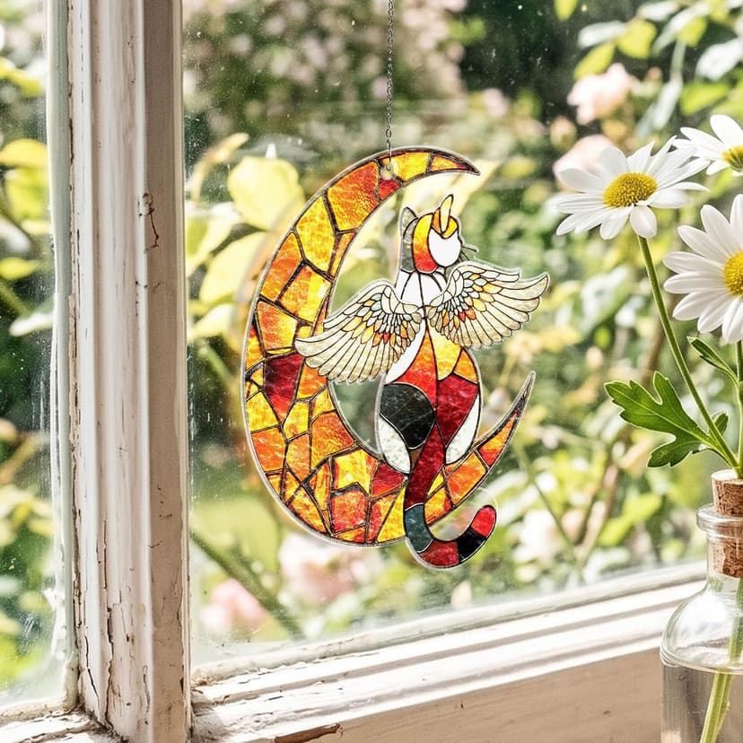 Wavy acrylic suncatcher featuring winged cat moon artwork, designed as a window hanging ornament for home décor and spaces Cat Suncatcher, Pet Memorial Gifts, Window Hanging Ornament 3 (6 Inches) B0HFW19G7L