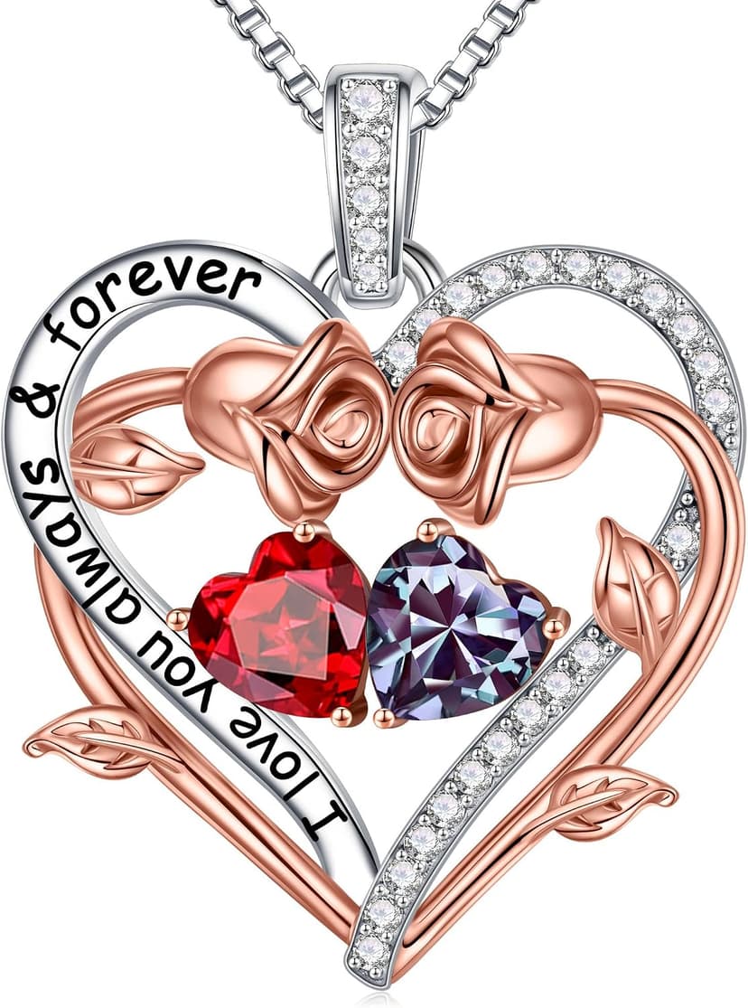 925 Sterling Silver Necklace, Gift Box Packaging, Anniversary Birthday Gifts for Women Her Wife Mom Grandma Iefil Rose Heart Double Birthstone Necklace, Gifts for Wife Her Women B0C1YY72HH