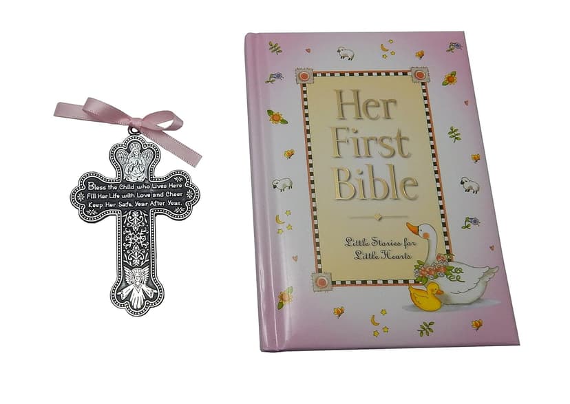 Baby Girl First Bible and 4 Inch Pewter Baptism Guardian Angel Crib Cross