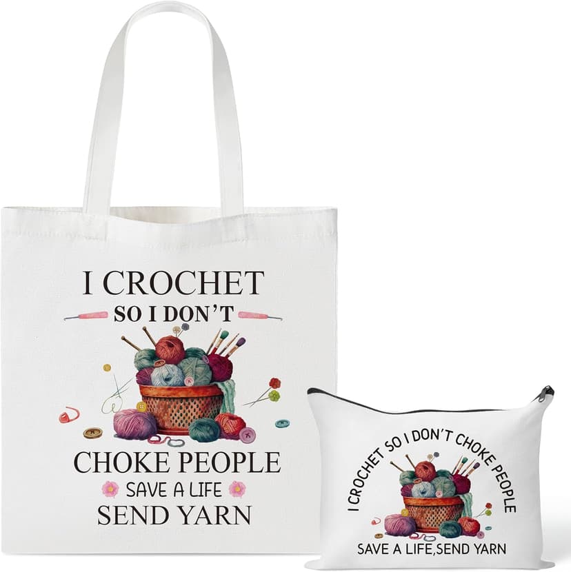 Y1tvei Crochet Canvas Tote Bag - 2Pcs Cosmetic Pouch Tote Bag Reusable Grocery Folding Shopping Bag for Crocheters Women