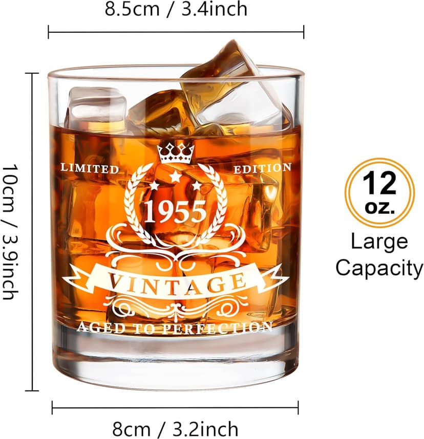 LIGHTEN LIFE 70th Birthday Gifts for Men 12 oz,1955 Whiskey Glass in Valued Wooden Box,70th Birthday Bourbon Glass for 70 Years Old Dad,Husband,Friend,70th Bday Gift Ideas