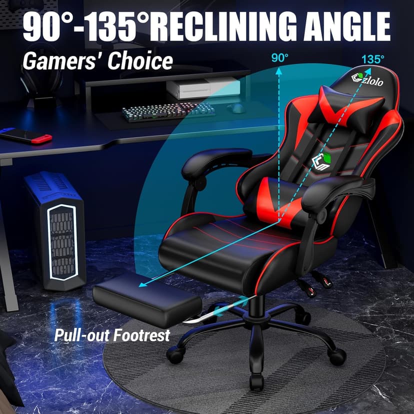 Czlolo Gaming Chair with Footrest Racing Style Lumbar Support Massager Video Game Chair with Metal Legs, High Back Reclining Gamer Chair with Headrest, 360° Swivel Office Computer Desk Chair (Red)