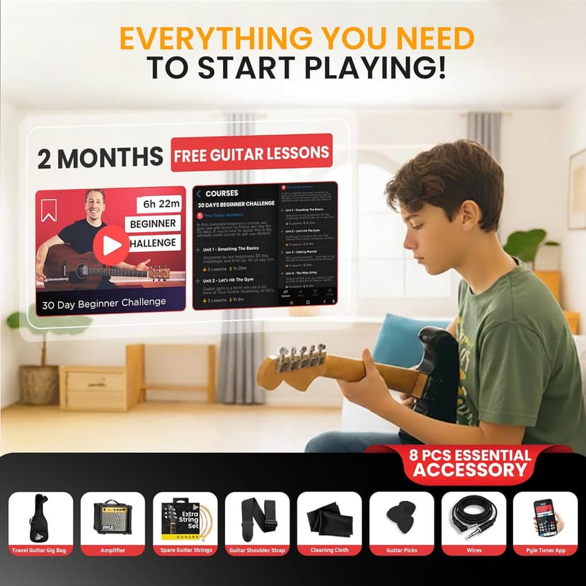 Pyle Electric Guitar Kit with Amp for Beginners Full Size 39” Instrument Package with Humbucker Pickups and Rock Amplifier Starter Set Bundle for Kids All Ages, Youth and Adults