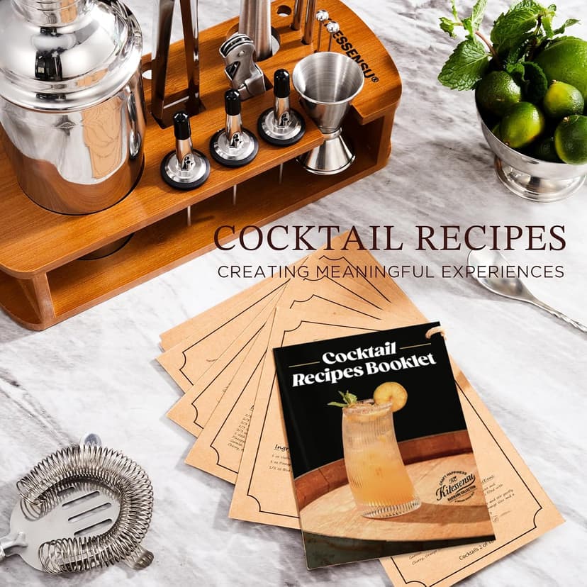 KITESSENSU Cocktail Shaker Set Bartender Kit with Stand | Bar Set Drink Mixer Set with All Essential Accessory Tools: Martini Shaker, Jigger, Strainer, Mixer Spoon, Muddler, Liquor Pourers |Silver B08BYJ8KSR