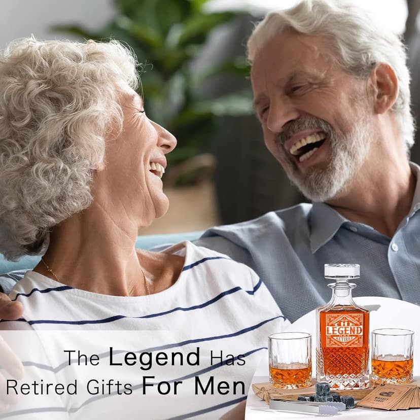 PONPUR The Legend Has Retired 2025 Retirement Gifts for Men Women Stocking Stuffers, Whiskey Decanter Gift Set with 2 Whisky Glasses, Best Christmas Birthday Presents for Dad Coworkers Teacher