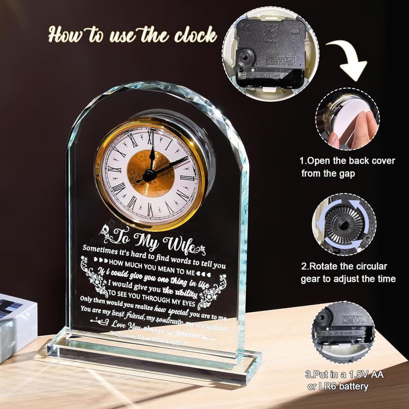 Gifts for Wife Romantic Anniversary Birthday Gift Ideas, Glass Clock to My Wife from Husband for Valentine's Day Christmas Mother's Day Crystal I Love You Keepsake Home Decor