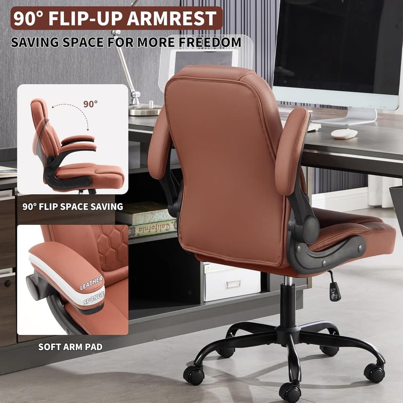Executive Office Chair PU,Leather Office Chair with Wheels,360° Swivel Rolling Chair with Padded Arms,Ergonomic Computer Chair with Lumbar Support for Short People Use(Brown)