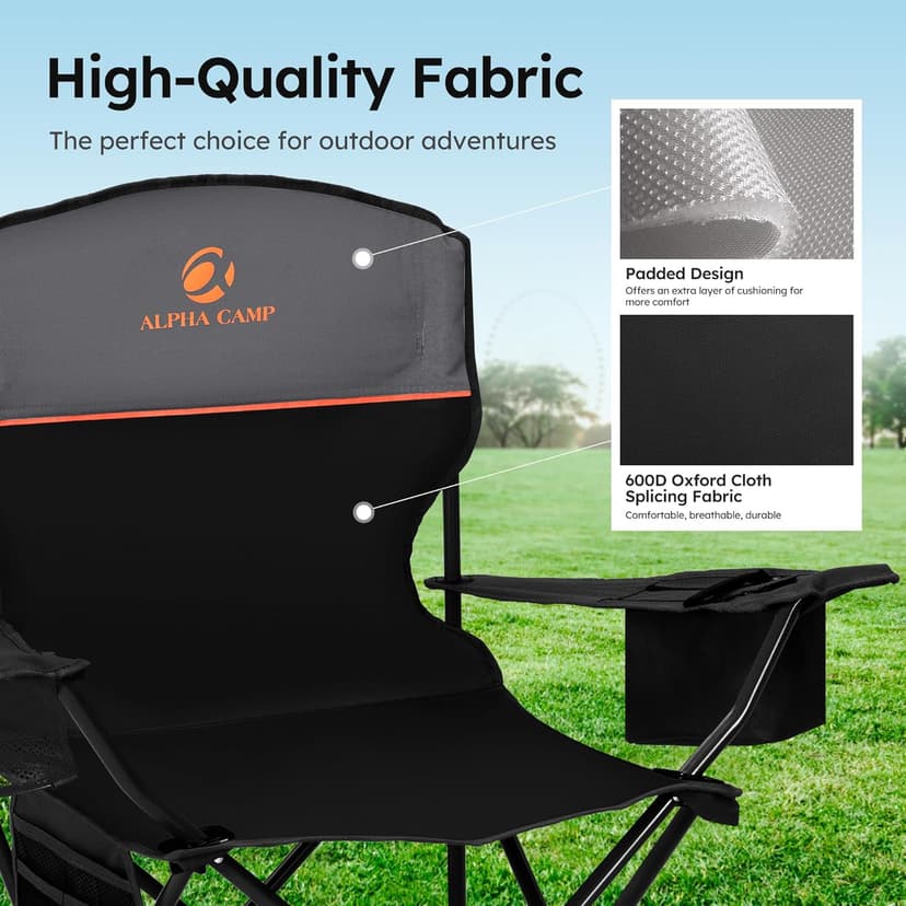 ALPHA CAMP Camping Chairs 350LBS Capacity, Heavy Duty Folding Chair with 4-Can Cooler Bag, Portable Outdoor Chair with Cup Holder for Adults, Collapsible for Tailgating, Beach, Fishing