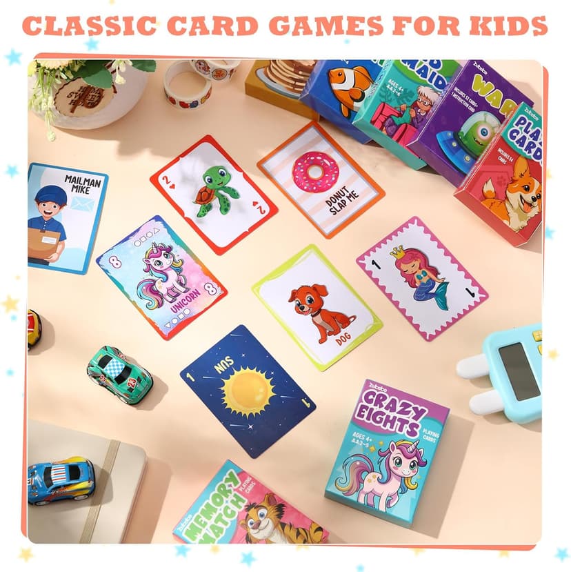 Zubebe 28 Pack Kids Card Games Gifts Bulk Classic Playing Card Game Set for Kids Includes Go Fish, Old Maid, Crazy Eights, Memory Match, Slap Jack, Playing Toy for Party Favors (Classic)