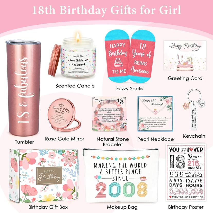 18th Birthday Gifts for Girls Trendy 18 Year Old Girl Birthday Gifts for 18 Year Old Girl Gift Ideas Unique Age 18 Gift for Female Teen Girls Her Daughter Happy 18th Decoration Presents with Tumbler