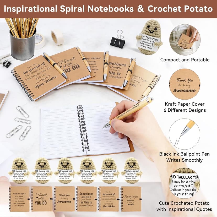 42 Pcs/6 Sets Employee Appreciation Gifts Bulk - Includes 16oz Glass Cups with Bamboo Lid, Positive Crochet, Inspirational Notebooks with Pens, Kraft Paper Gift Bags & Straw - Thank You Gifts for Coworkers, Teachers, Staff & Team B0G5MPS7K6