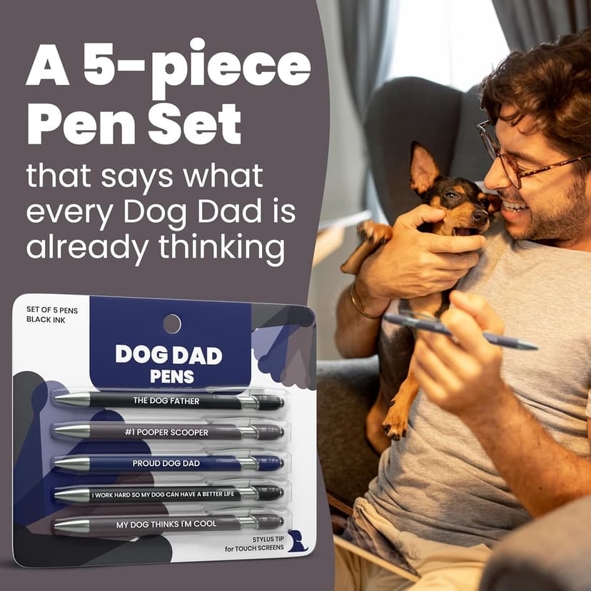 Funny Dog Dad Gift Pen Set – 5 Black Ink Ballpoint Pens with Stylus Tip & Metal Barrel with Doggy-Themed Quotes – Cool Dog Dad Gift for Men for Christmas, Stocking Stuffers, Birthday, Father’s Day