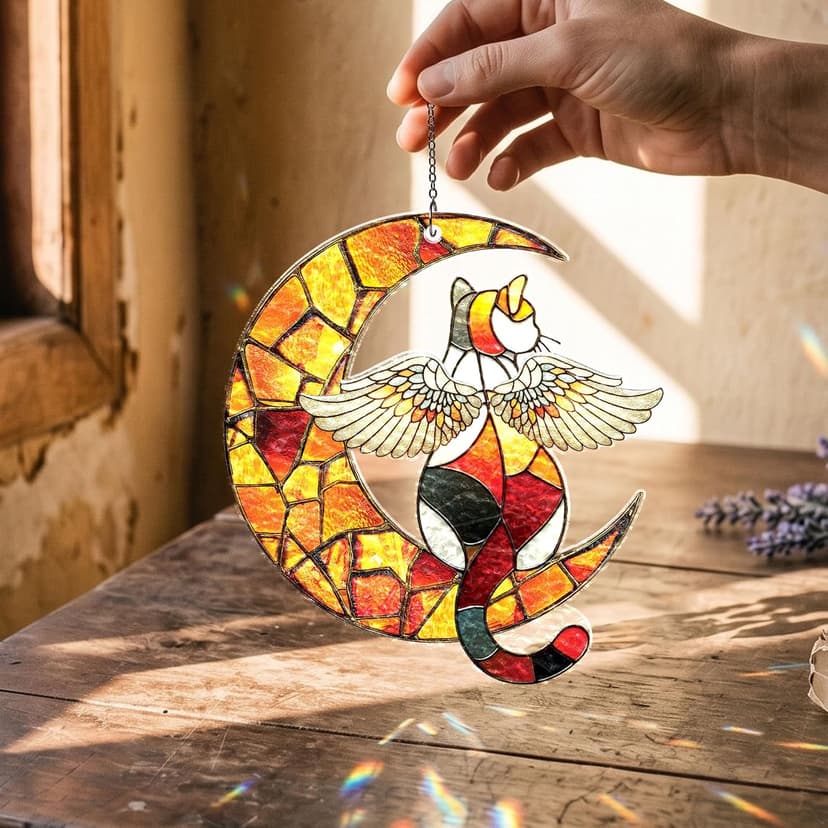 Wavy acrylic suncatcher featuring winged cat moon artwork, designed as a window hanging ornament for home décor and spaces Cat Suncatcher, Pet Memorial Gifts, Window Hanging Ornament 3 (6 Inches) B0HFW19G7L