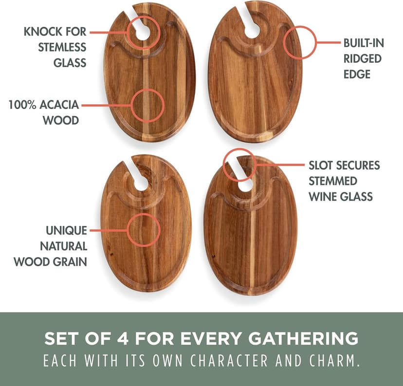 PICNIC TIME Wine Appetizer Plates, Set of 4 Wooden Cocktail Plates with Glass Holder, Mini Charcuterie Boards for Wine and Cheese Parties, Acacia Cheese Board Serving Trays (Oval - Acacia Wood)