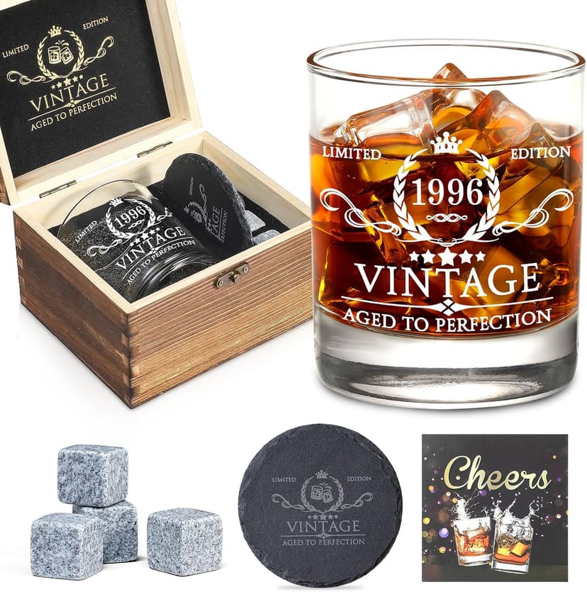 30th Birthday Gifts for Men Whiskey Glass Set - 30th Birthday Decorations, Party Supplies - 30 Year Anniversary, Bday Gifts Ideas for Him, Dad, Husband, Friends - Wood Box & Whiskey Stones & Coaster B0BJCWJDC4