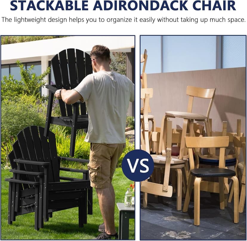 nevilywood Compact Stackable Adirondack Chairs Set of 4, 26.3" Wide HDPE Outdoor Patio Chairs - Durable, Space-Saving Design for Porch, Lawn or Garden, Black