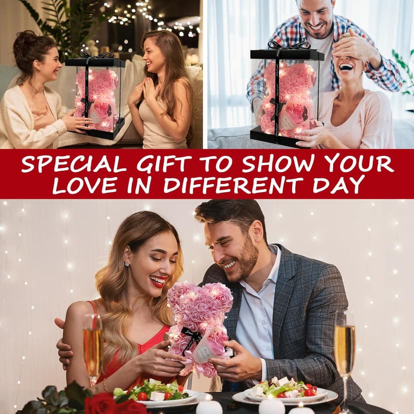 Romantic Valentines Day Gift for Her Rose Artificial Flower Rose Teddy Bear for Wife, Girlfriend Mother Daugther Women. Blind Box for Christmas Birthday Wedding Anniversary (Pink Bear)