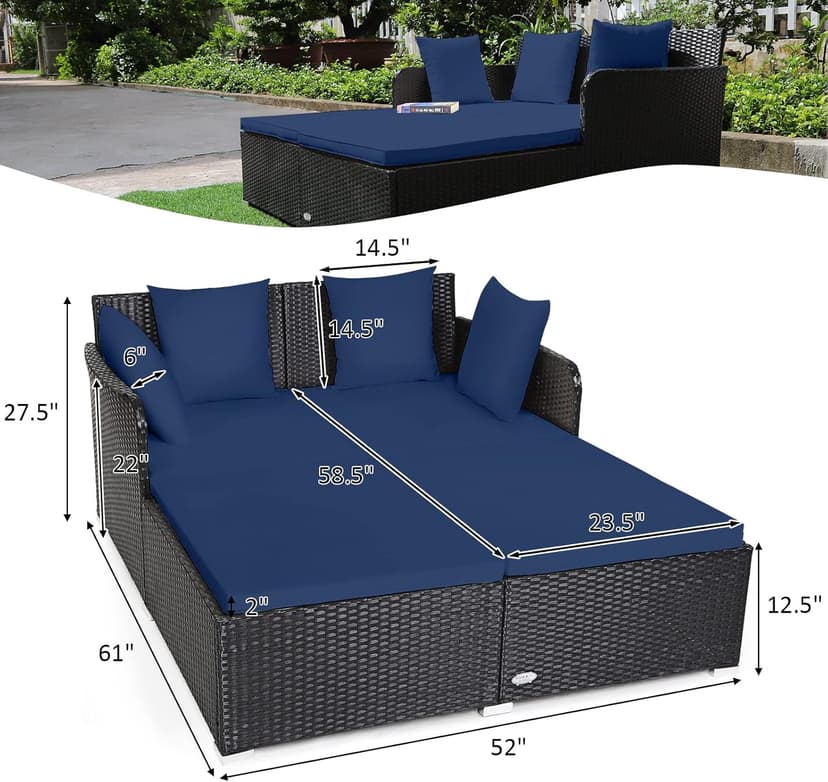 Tangkula Outdoor Rattan Daybed, Sunbed Wicker Furniture w/Spacious Seat, Upholstered Cushion & High-Resilience Sponge, Wicker Patio Sofa Set w/Extra Pillows for Courtyard Poolside (Navy)