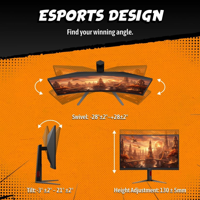 AOC 27" Curved Gaming Monitor, FHD 1080p, 280Hz (DP) 240Hz (HDMI), 0.3ms MPRT, VA Panel 1500R, AMD FreeSync Premium, HDR Ready, Height Adjustable, DisplayPort HDMI C27G4ZH