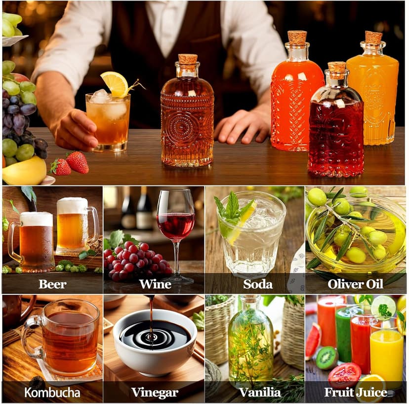 12 Pack 6oz Glass Bottles with Cork Stoppers, 200ml Clear Glass Liquor Bottles with 4 Vintage Patterns, Refillable Whiskey Bottles for Wine, Oil, Vinegar, Kombucha, Wedding Favors