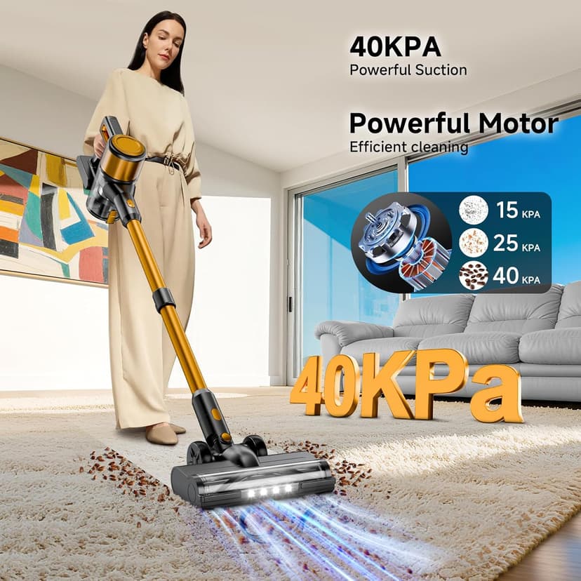 Cordless Vacuum Cleaner, 8 in 1 40Kpa 55Mins,Lightweight Vacuum Cleaners for Home, Stick Vacuum with Anti-Tangle Brush,Wall Mount, Rechargeable Cordless Vacuum for Floor/Sofa/Pet Hair,Gold