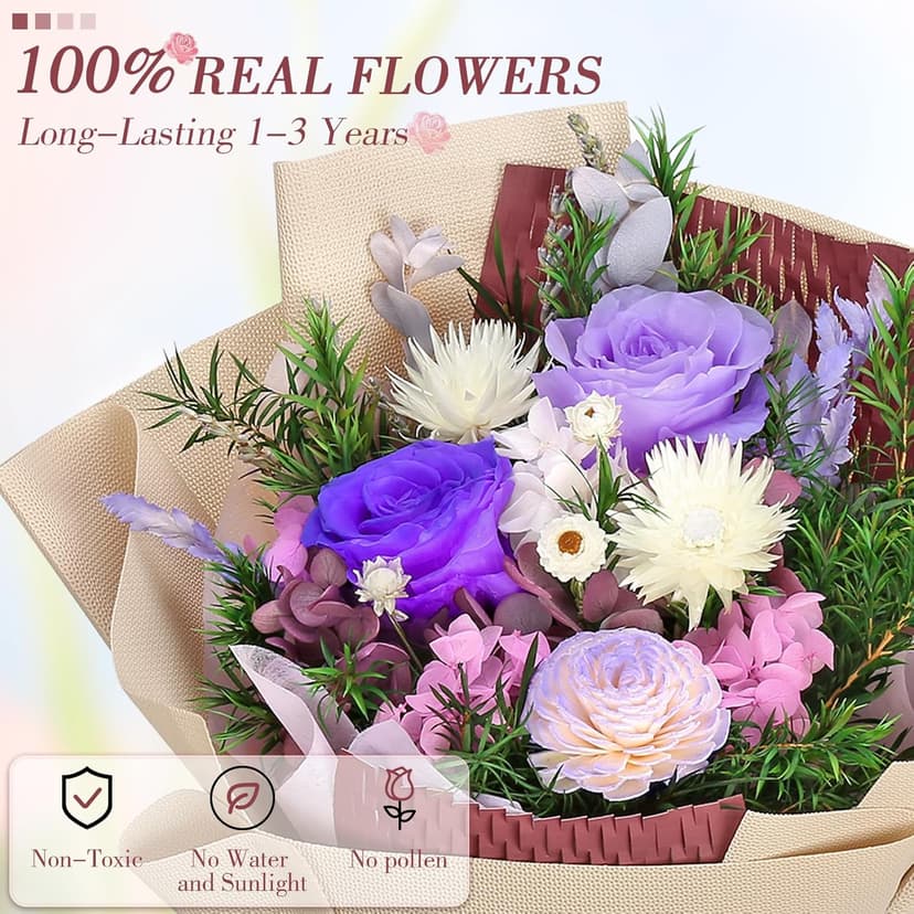 Preserved Flowers Bouquet, Flowers for Delivery Prime, Birthday Gifts for Women, Wife, Mother, Her (Purple)