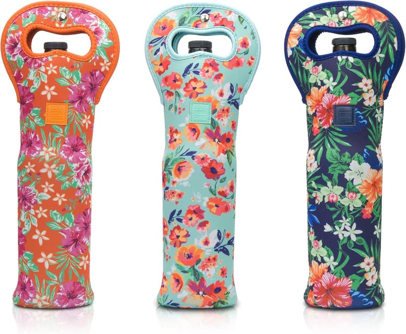 Made Easy Kit Insulated Wine Tote - Neoprene Wine Carrier Bag with Magnetic Handle Clasp - Wine Bottle Protective Travel Bag - Perfect for Gifting Travel or Gift Bag - Set of 3 (Floral Patterns)