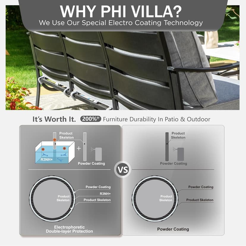 PHI VILLA 6 PCS Patio Furniture Sets with 2*Swivel Cushioned Sofa Chairs, 2* Leg Chairs, 1 * 3-Seat Wide Deep Seating Bench and 1*Coffee Table, Outdoor Conversation Set for 7 Person(Grey)