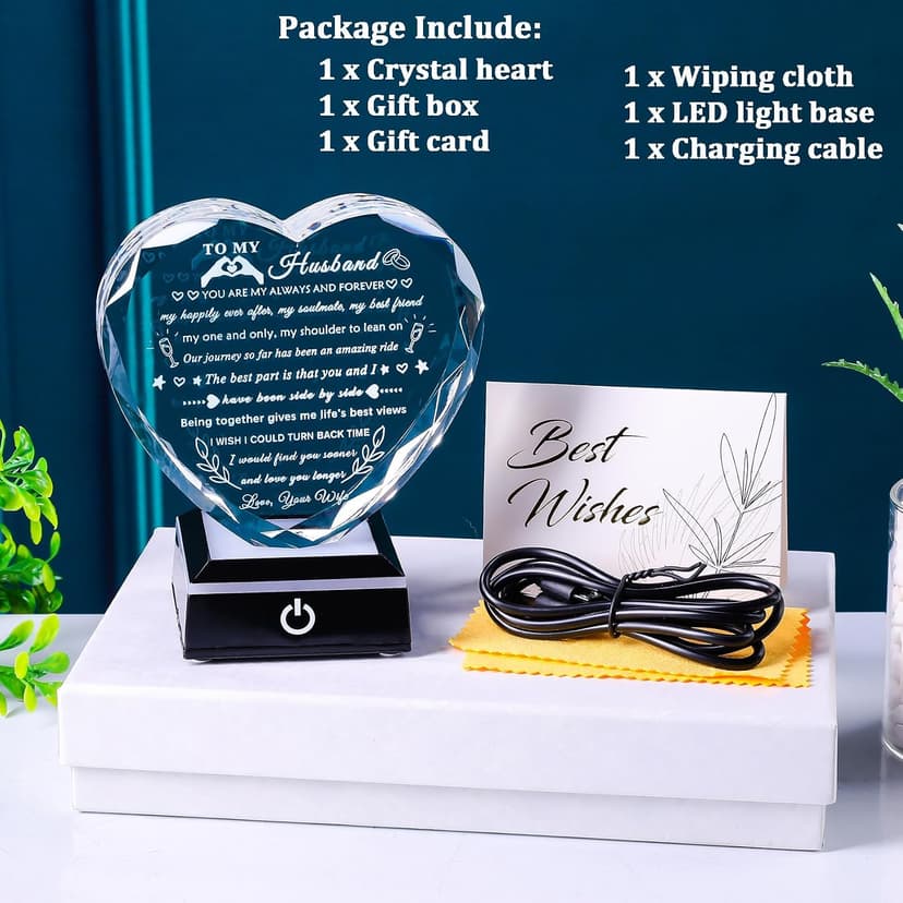 YWHL Gifts for Husband from Wife with Colorful LED Base Anniversary Birthday Gifts for Husband to My Husband Crystal Heart keepsake I Love You Gifts for Him on Valentine Christmas Fathers Day B0D86M2CG9