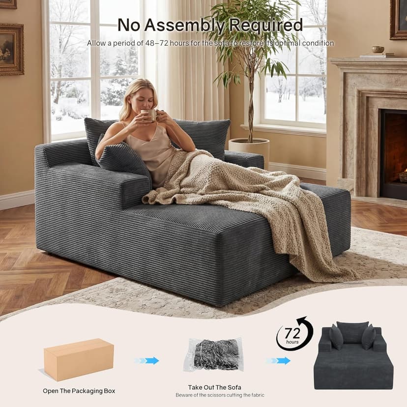 66" Chaise Lounge Chair Indoor, Oversized Boneless Lounge Chair with 3 Pillows, Corduroy Cloud Reading Chair for Living Room Bedroom, Deep Seat Sleeper Couch, No Assembly Required