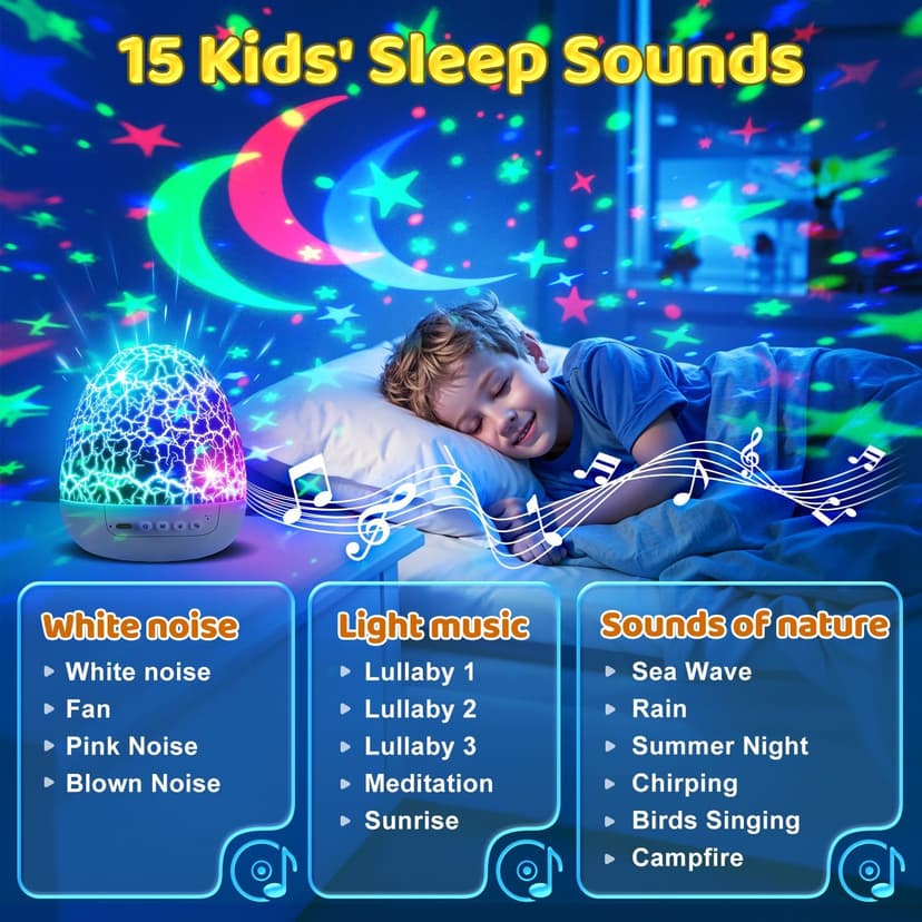 Baby Toys Sensory Toys for Boys Sound Machine Night Light Projector Autism Toys Kids Christmas Gifts | 15 White Noise 3D Films 31Colors Remote Control Night Light for Kids, Baby Boy Gifts Egg Light