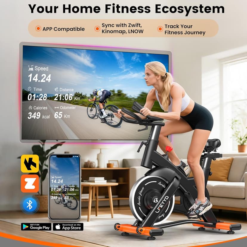 Exercise Bike for Home, Quiet Adjustable Magnetic Stationary Bike for Home Cardio with App Compatible, Spin Bike with 400 lbs Capacity, Spinning Bike with Heart Rate Monitor,Comfort Seat/Alloy Pedals/LCD Monitor