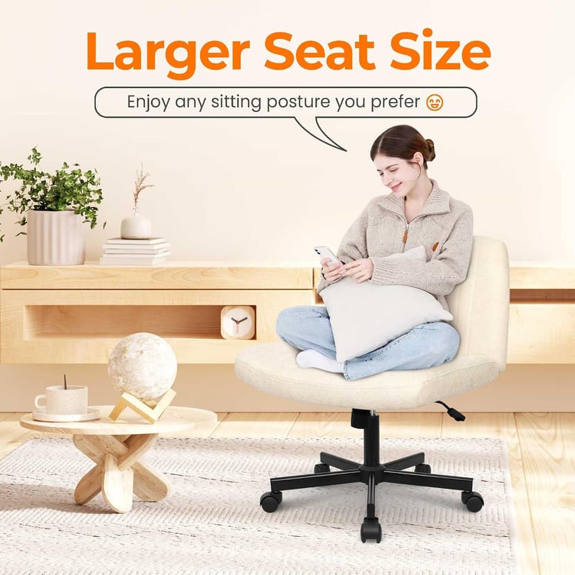 NEO CHAIR Criss Cross Chair with Wheels Home Office Cross Legged Armless Chairs Ergonomic Adjustable Computer Desk Task Wide Seat for Bedroom Vanity Comfy Swivel (Beige)