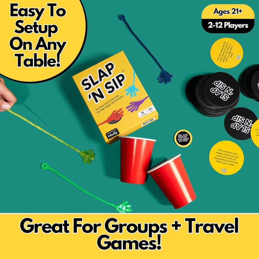 Slap N Sip A Hilarious Drinking Game with Sticky Hands, 200 Cards & A Sip Chip, Fast-Paced Adult Party Game for Game Nights, Funny Gift for Adults Ages 21+