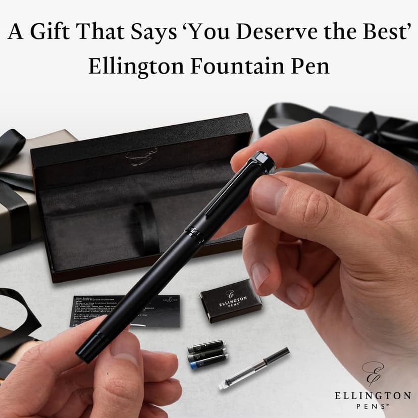 Ellington Pens Luxury Fountain Pen Set - Fountain Pen For Writing - Smooth Medium Nib - Includes Refillable Ink Converter, 3 Ink Cartridges, Gift Box - Calligraphy, Journaling, Sketching (The Stealth)