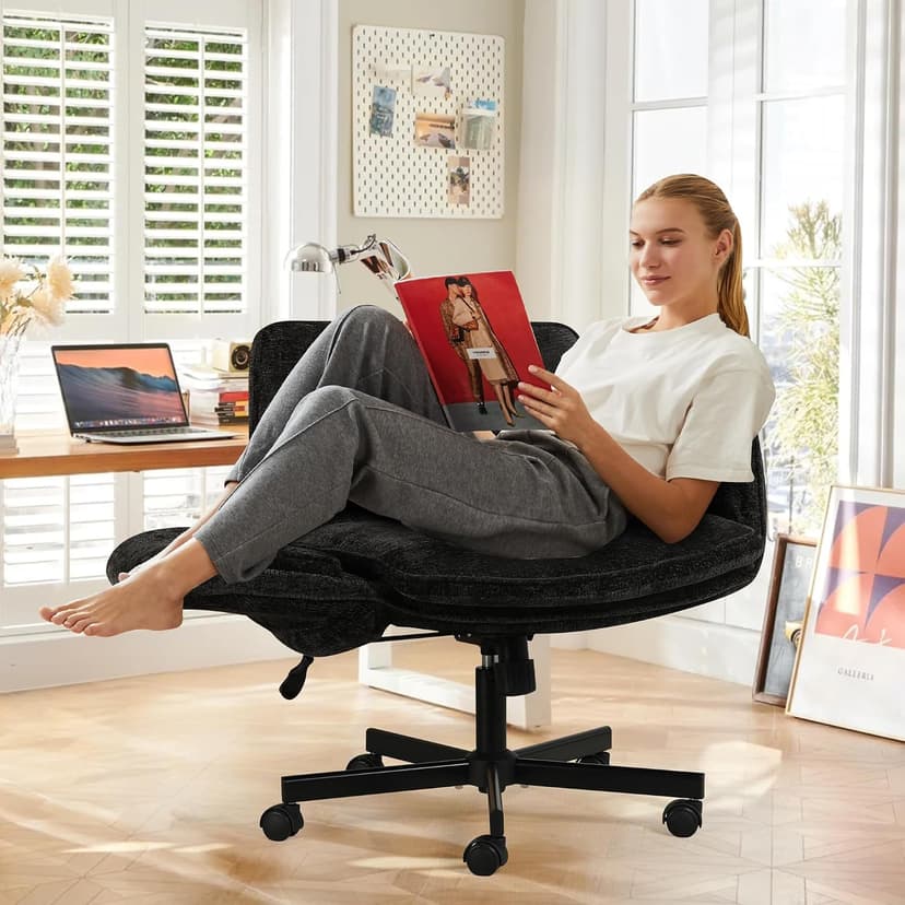 Criss Cross Chair with Wheels & Arms, Chenille Cross Legged Office Chair with 5-level Folding Armrest, Comfortable Adjustable Swivel Vanity Chair for Home, Make Up, Bed Room, Office, Accent (Black).