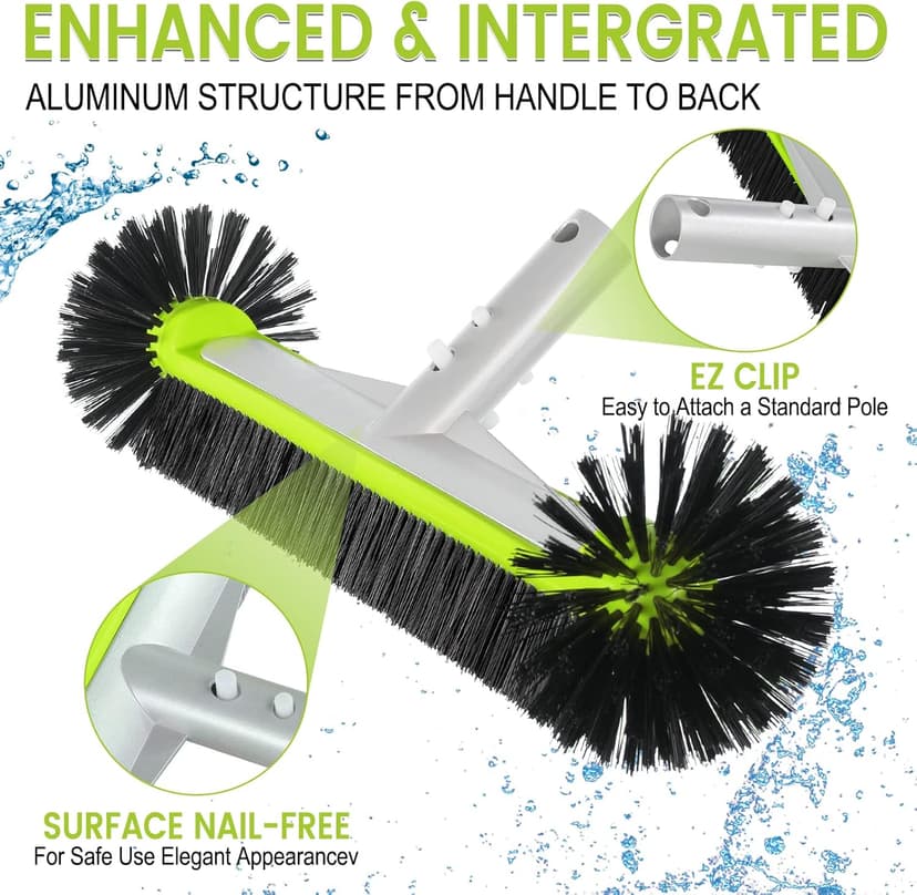 Swimming Pool Brush Head with Round Ends,17.5" Heavy Duty Aluminum Back Head for Cleans Walls, Tiles & Floors, 7 Rows Premium Nylon Bristles with EZ Clips (Green Black)