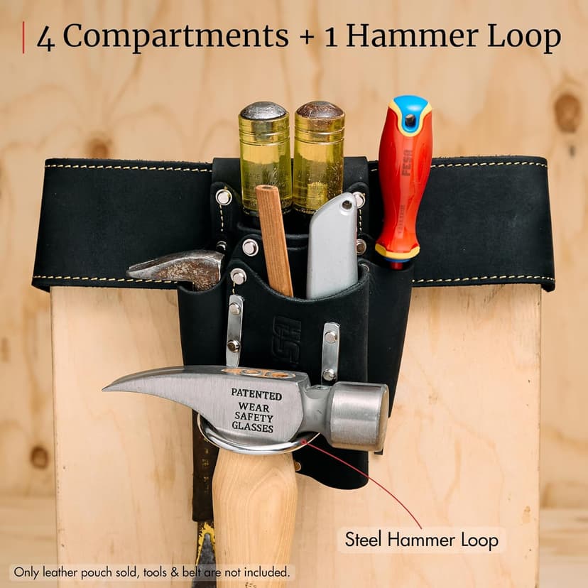 FESA Small Leather Tool Pouch - 5-in-1 Heavy Top Grain Leather Small Tool Pouch with a Steel Hammer Loop, 4 Pockets & Reinforced Heavy Duty Rivets - Fits Belts up to 3" - Handcrafted