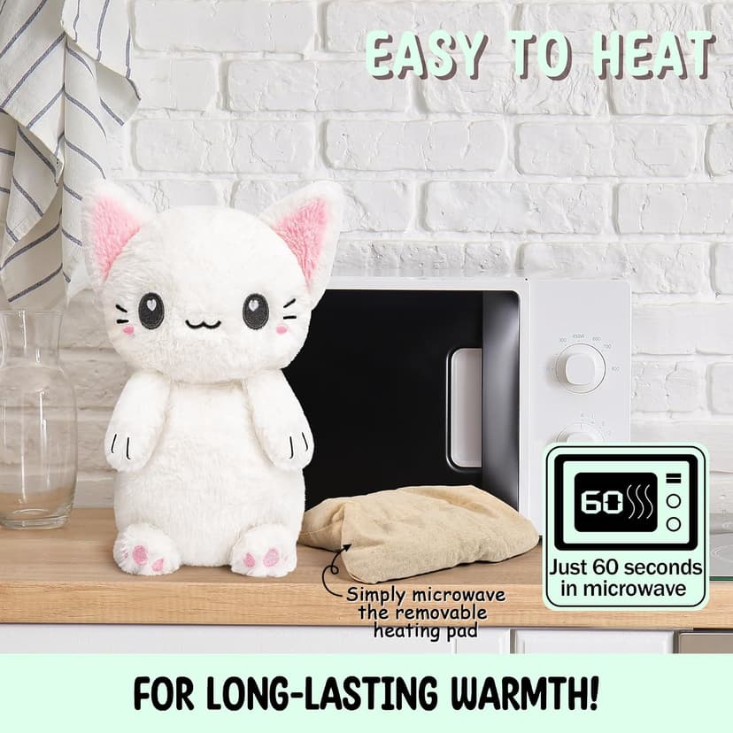 White Cat Microwavable 1.5 lbs Unscented Heating Pad for Women and Kids- Cute Soft Cozy Pillow Plush Heatable Warm Stuffed Animals - Kawaii Hot and Cold Plushie - White Cat Gifts for Girls and Women B0D78TJN7Z