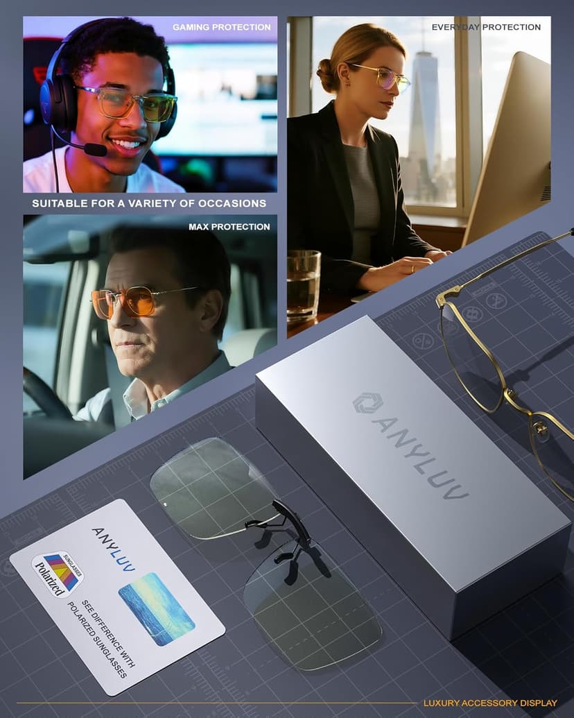 ANYLUV Clip On Blue Light Blocking Glasses Lightweight Rectangle Blue Light Glasses Men for Computer Gaming, Anti Eye Strain