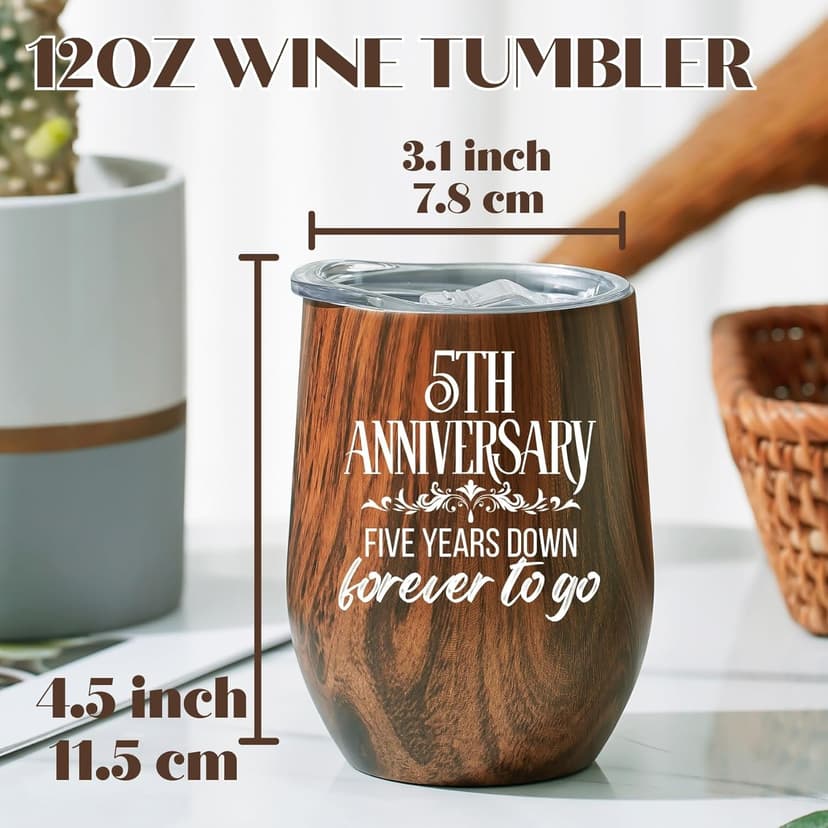 Onebttl 5 Year 5th Anniversary Wood Gift for Him, Husband, Wife, Her, 12oz Wood-grain Stainless Steel Insulated Tumbler for Marriage, Wedding