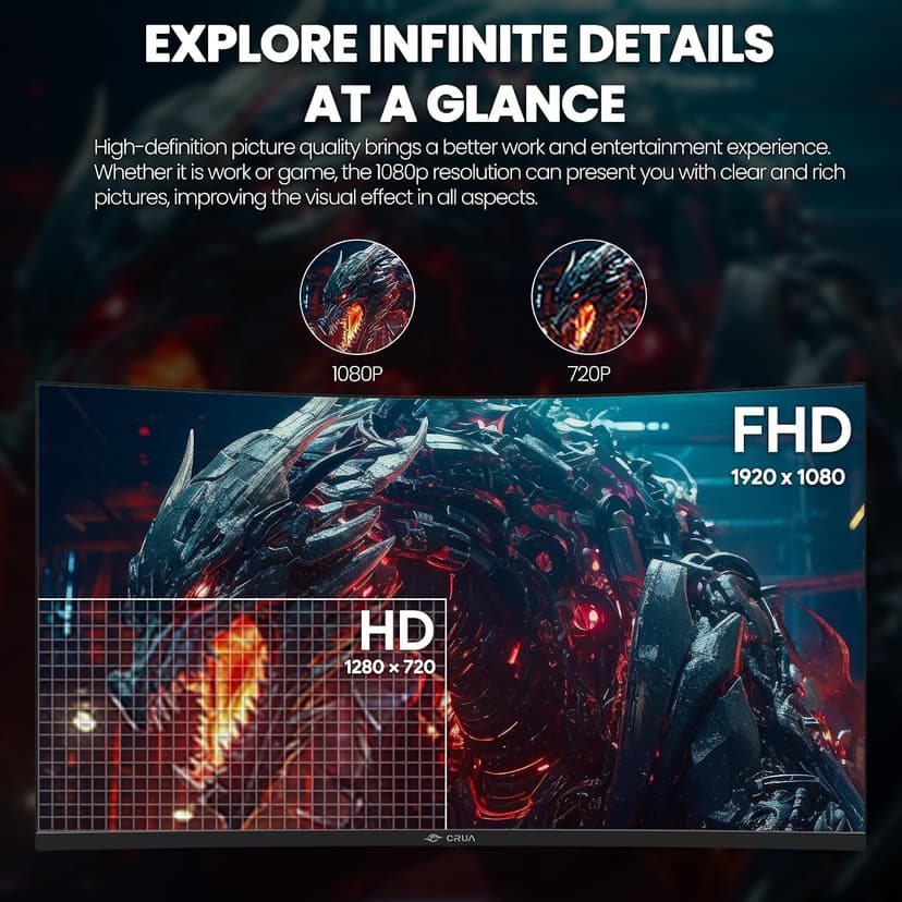 CRUA 32Inch Curved Gaming Monitor, FHD(1920 * 1080P) VA Screen 165Hz/200Hz, 1800R VA Screen, 120% sRGB, Computer Monitor that Support AMD Freesync, HDMI, DP, Wall Mountable Installs-Black