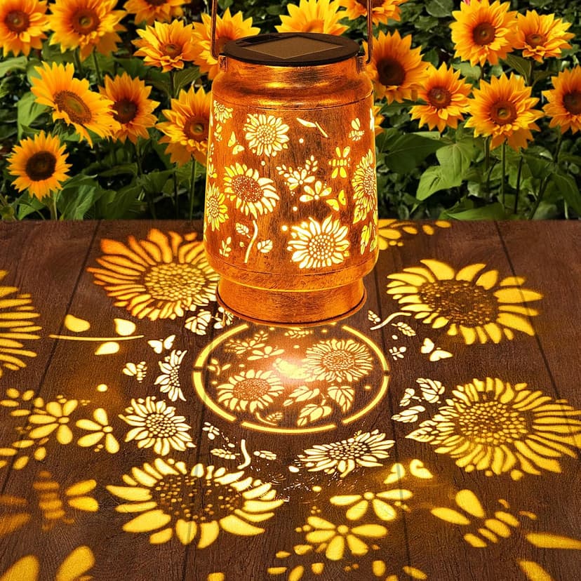 Sunflower Solar Lanterns Outdoor Waterproof, Christmas Gifts for Women Mom Grandma, Metal Hanging Lantern Solar Lights LED Decoration with Shepherd Hook Outside for Yard, Patio, Porch, Garden Decor