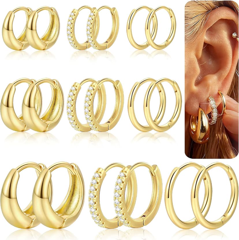 Hypoallergenic Small Hoop Earrings, Lightweight Comfortable Huggies, Non Tarnish, Multiple Piercing Set, Great Gift for Women 9 Pairs Gold Huggie Hoop Earrings for Women, 14K Gold Plated Stackable Set B0GKFRTLQ8