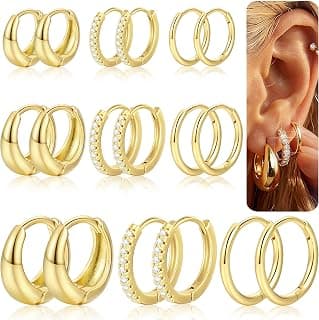 Hypoallergenic Small Hoop Earrings, Lightweight Comfortable Huggies, Non Tarnish, Multiple Piercing Set, Great Gift for Women 9 Pairs Gold Huggie Hoop Earrings for Women, 14K Gold Plated Stackable Set B0GKFRTLQ8